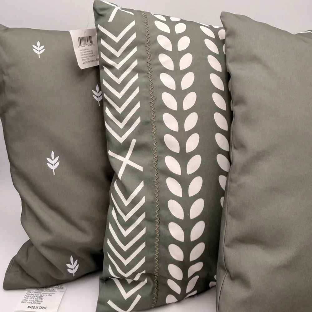 Set of 3 Green Decorative Throw Pillows with White Leaf Pattern